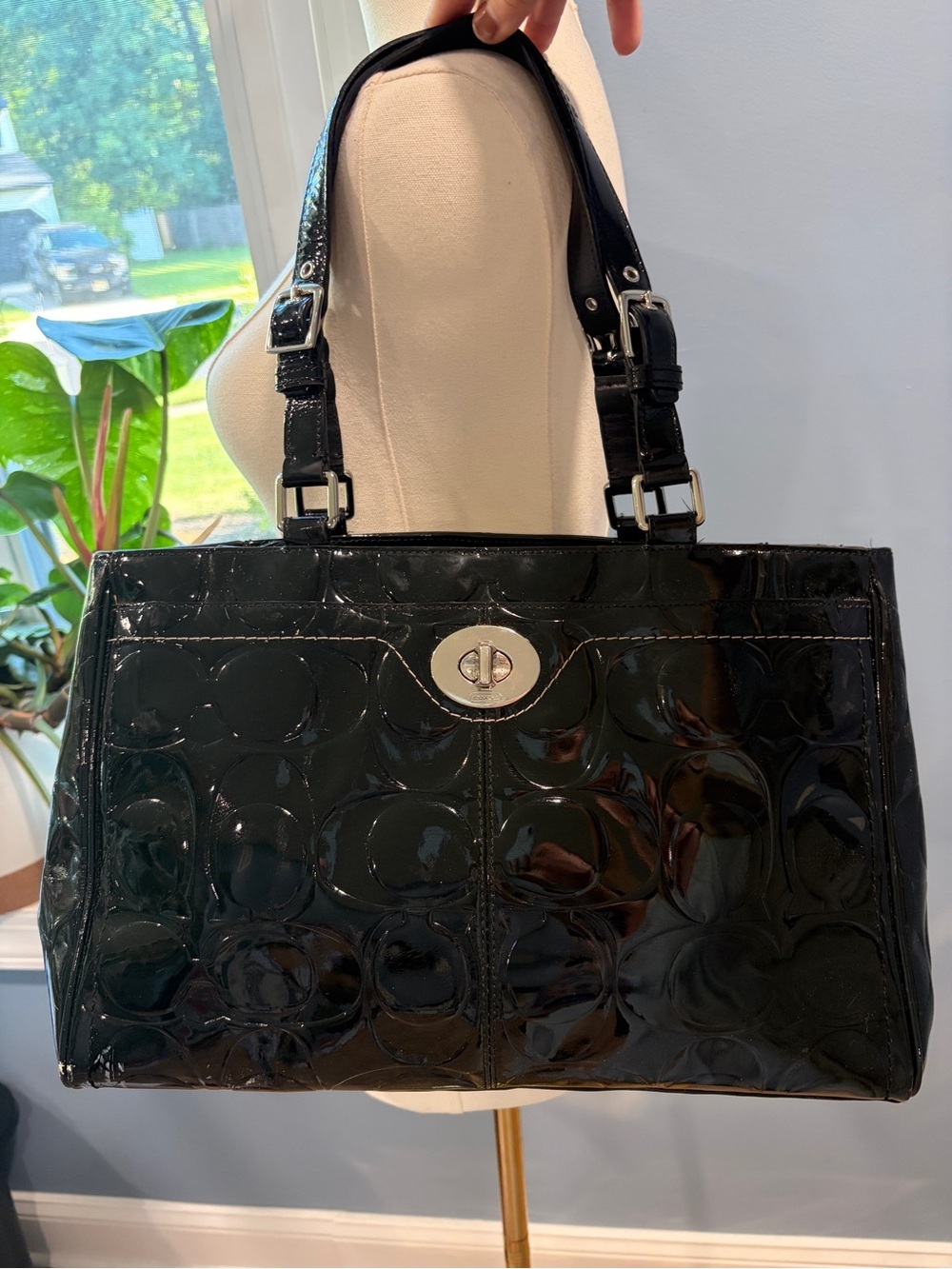Coach Black Patent Leather Signature Embossed Turnlock Tote Shoulder Bag